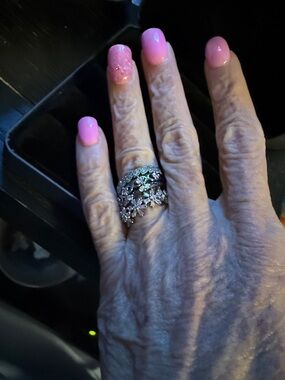 BP Hematite plated Floral Cluster Stack Ring with Clear and pink CZ Stones -